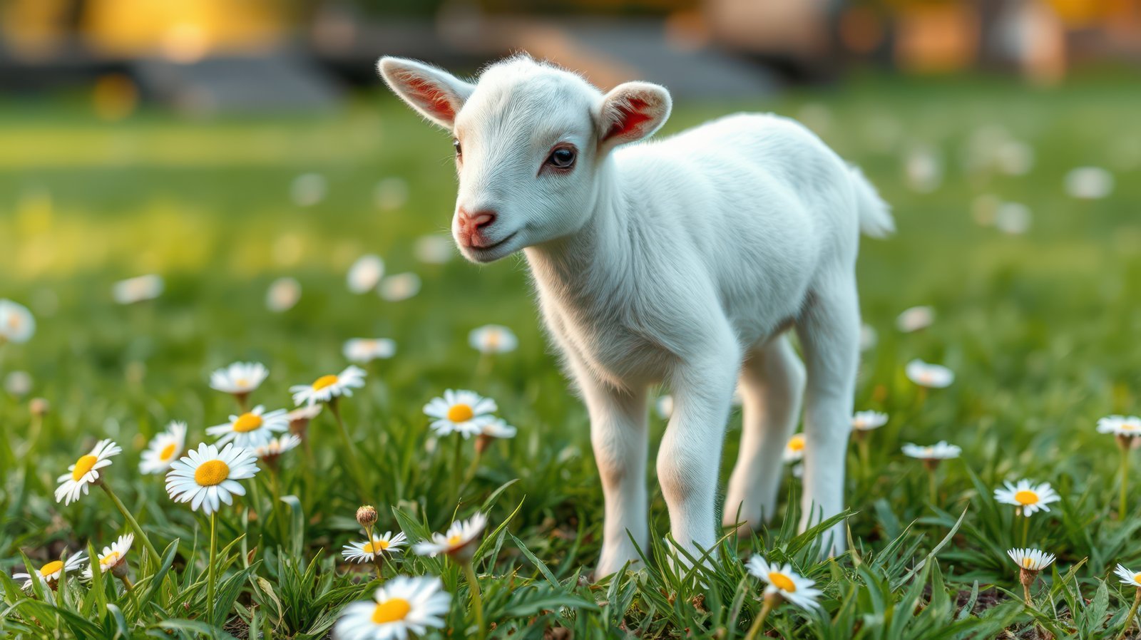Young goat explores a meadow filled with daisies during golden hour in a tranquil setting